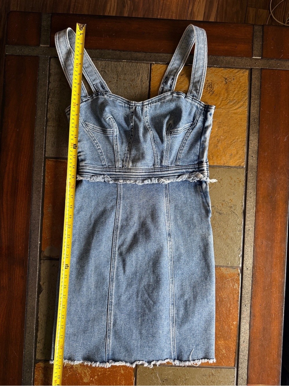 7 4 all mankind Jean denim dress zip adjustable ruffle straps XS raw hem cowgirl